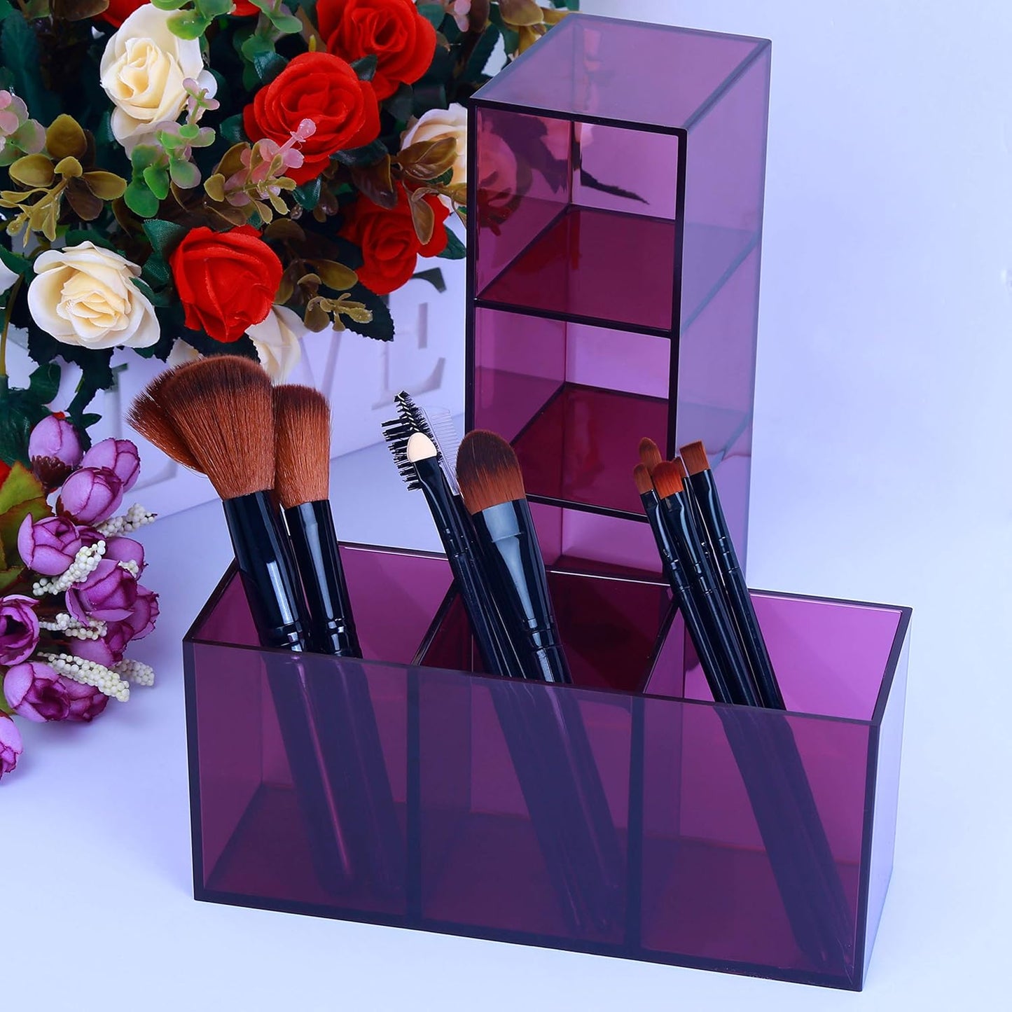 Makeup Brush Holder Organizer - Acrylic, 3 Compartments - Make up Brushes Holder, Makeup Brush Cup Container Storage Case, Purple, 2 Packs