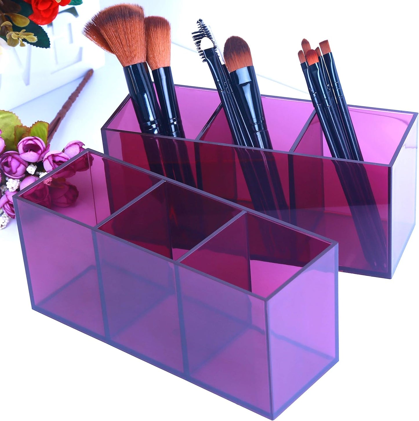Makeup Brush Holder Organizer - Acrylic, 3 Compartments - Make up Brushes Holder, Makeup Brush Cup Container Storage Case, Purple, 2 Packs