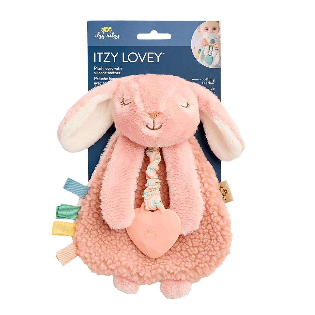 - Itzy Lovey Including Teether - Baby Lovey with Teether, Textured Ribbons & Dangle Arms - Features Crinkle Sound, Sherpa Fabric and Minky Plush (Pink Bunny)