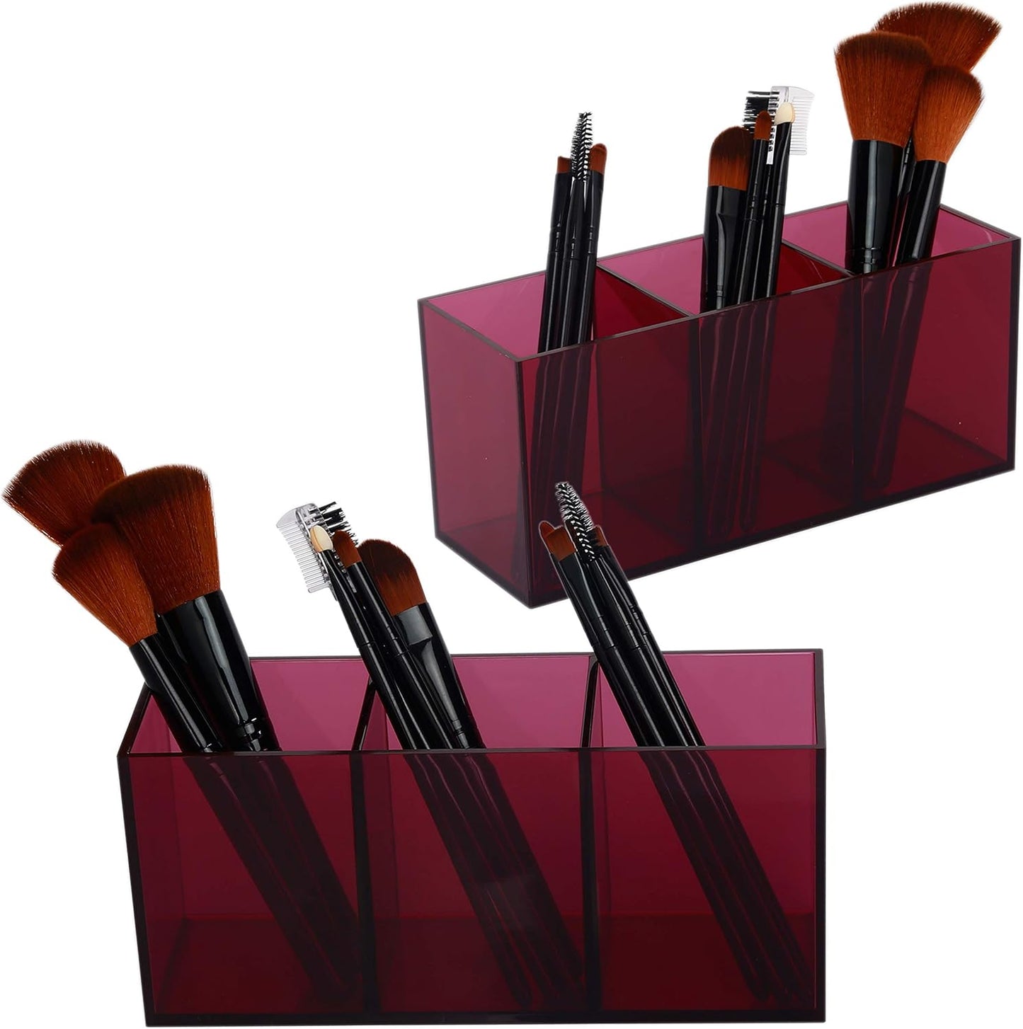 Makeup Brush Holder Organizer - Acrylic, 3 Compartments - Make up Brushes Holder, Makeup Brush Cup Container Storage Case, Purple, 2 Packs