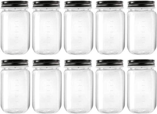 16 Ounce Plastic Jars with Black Lids - Refillable round Clear Containers - Storage for Kitchen & Household - BPA Free (10 Pack)